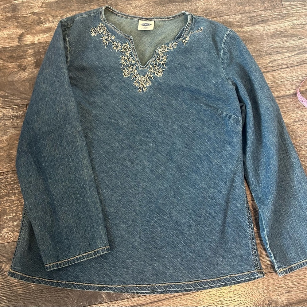 Embroidered Denim Long Sleeve Top 100% Cotton Wide Sleeve Women’s Large - Picture 2 of 8